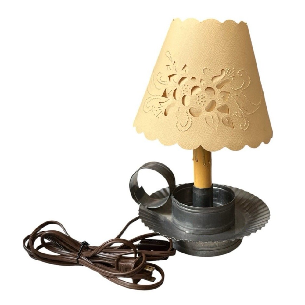 Vintage Electric Pierced Parchment Lampshade (5 in) Tin Candlestick UNTESTED